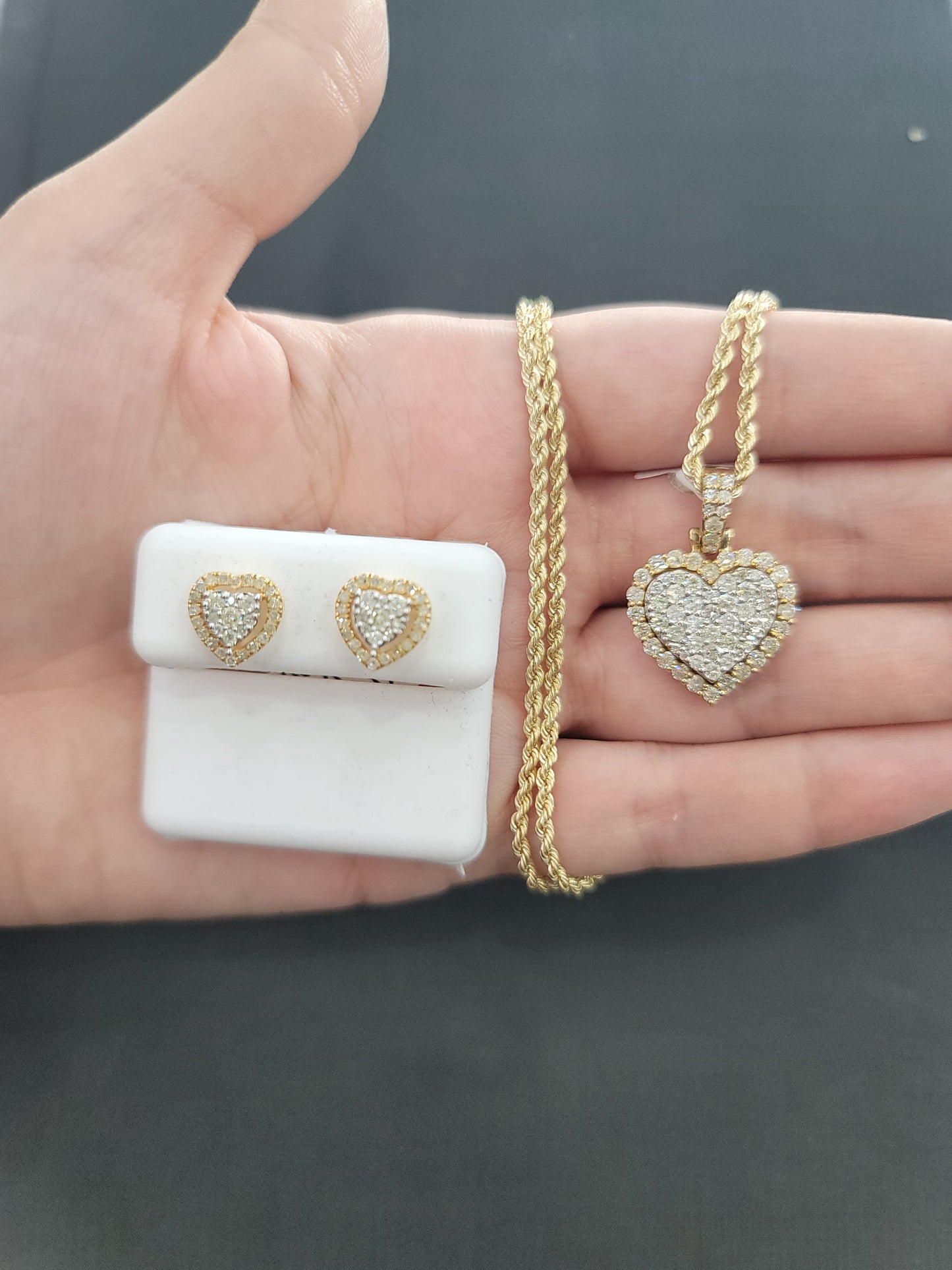 Diamond Heart Pendant, Earring and Gold Chain Set