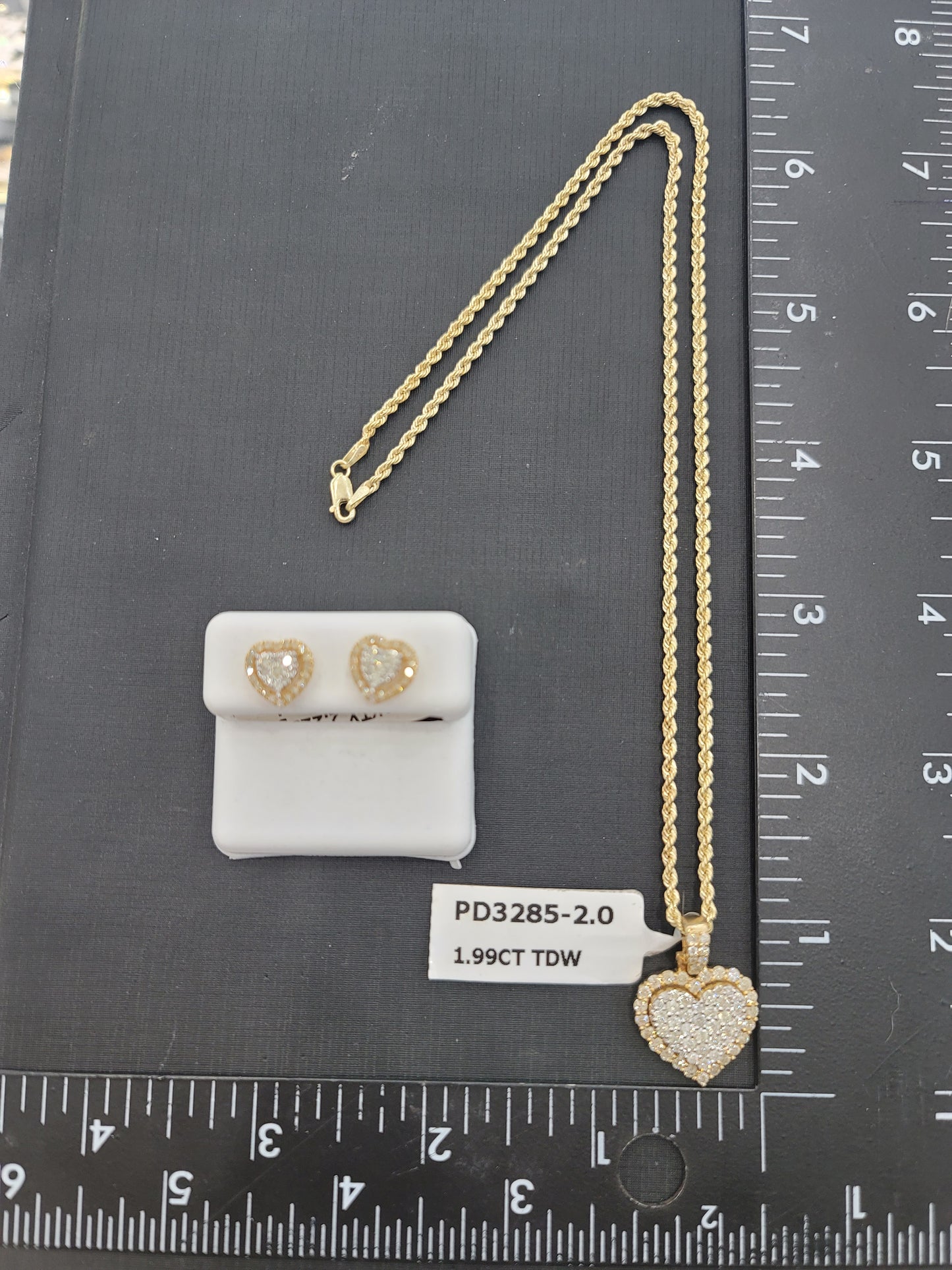 Diamond Heart Pendant, Earring and Gold Chain Set