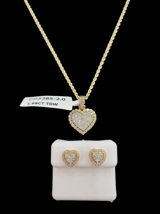 Diamond Heart Pendant, Earring and Gold Chain Set